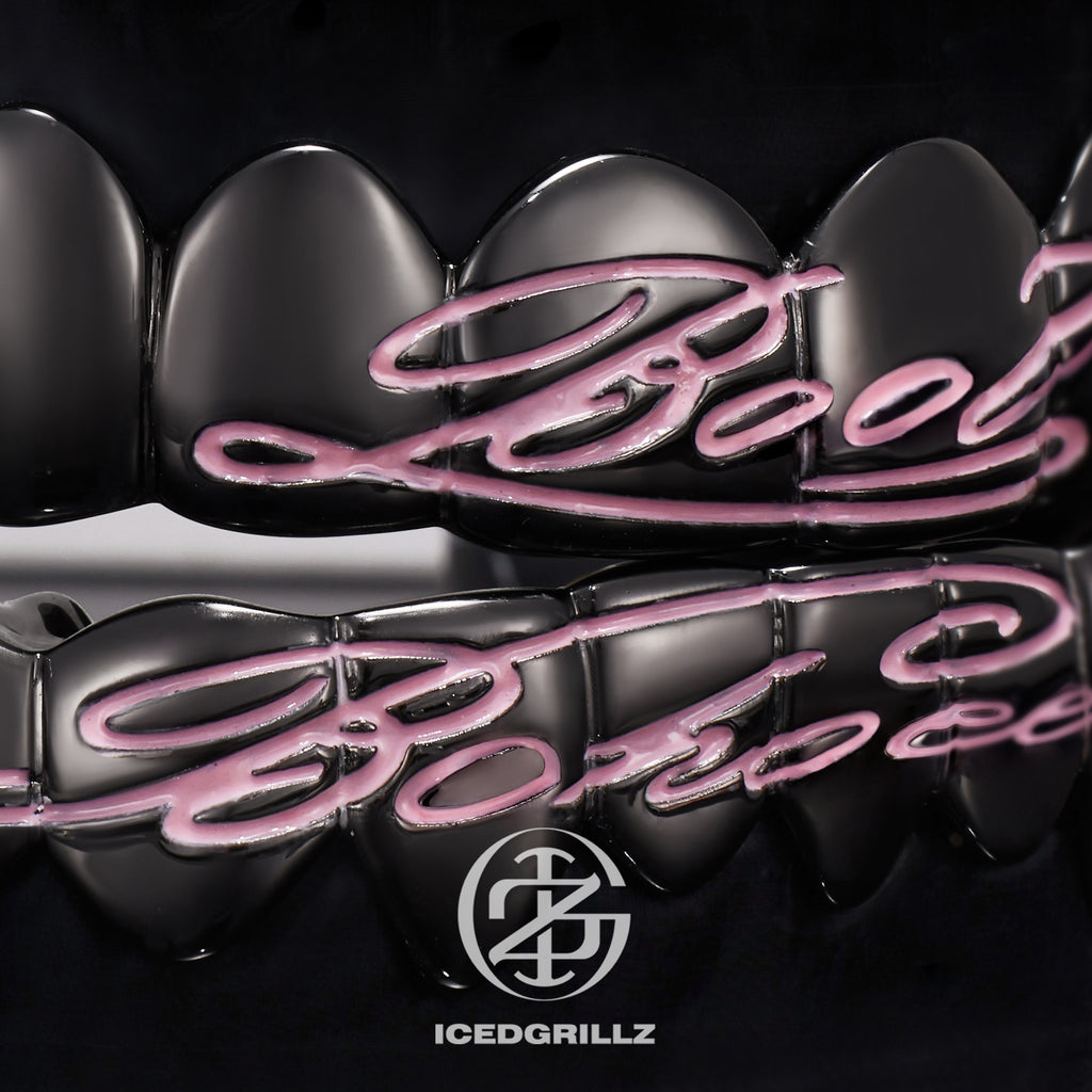 Pink Enamel Script Polish Black Gold Grillz