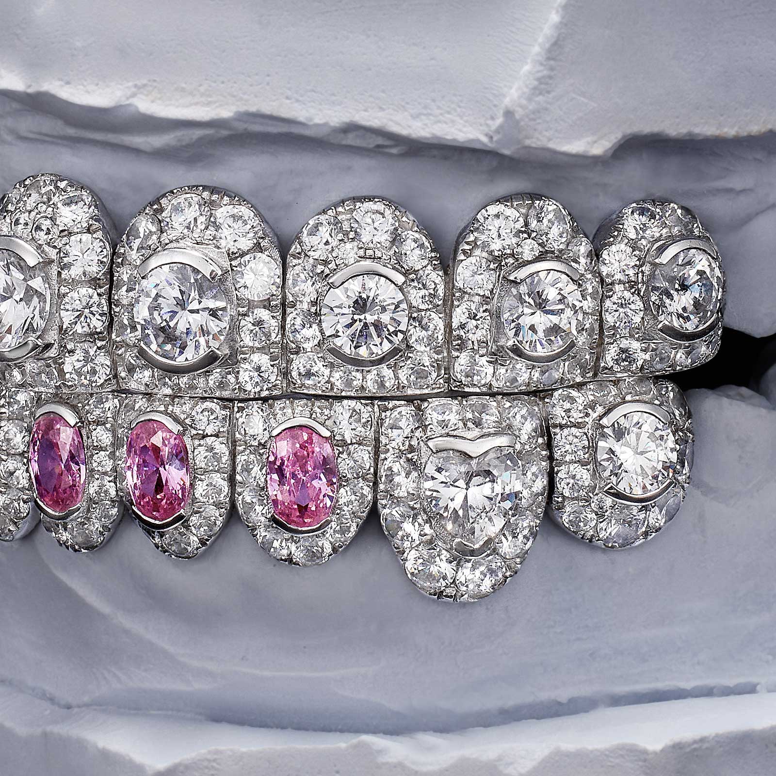 Pink Oval & Heart Cut Diamond Fang Grillz (Exotic Set)