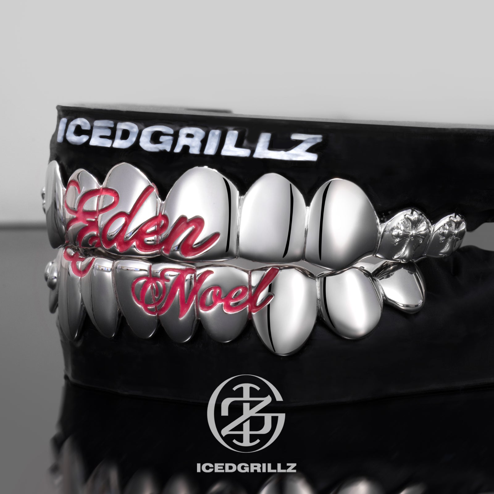 Custom Pink Script Cross Bow Polished Gold Grillz