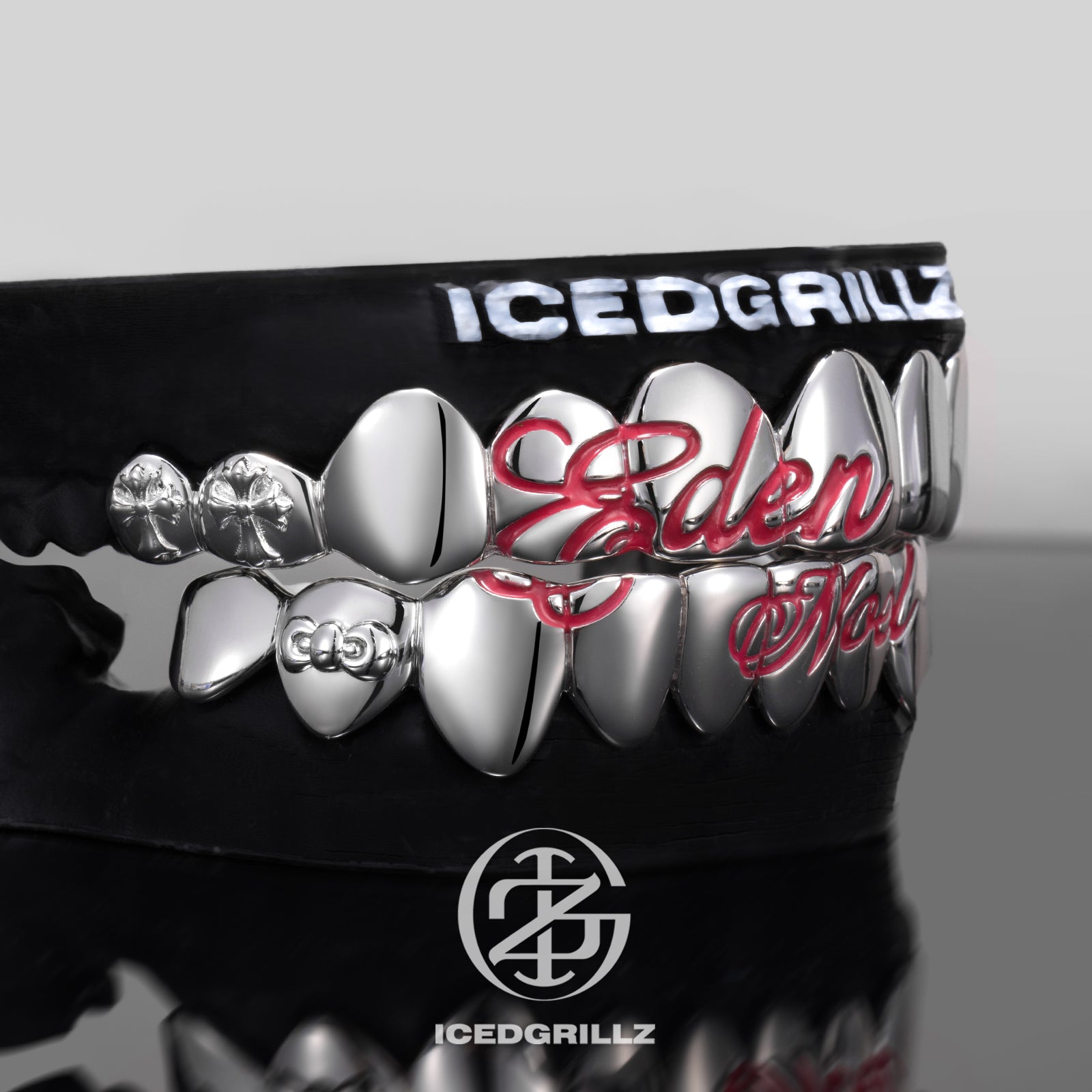 Custom Pink Script Cross Bow Polished Gold Grillz