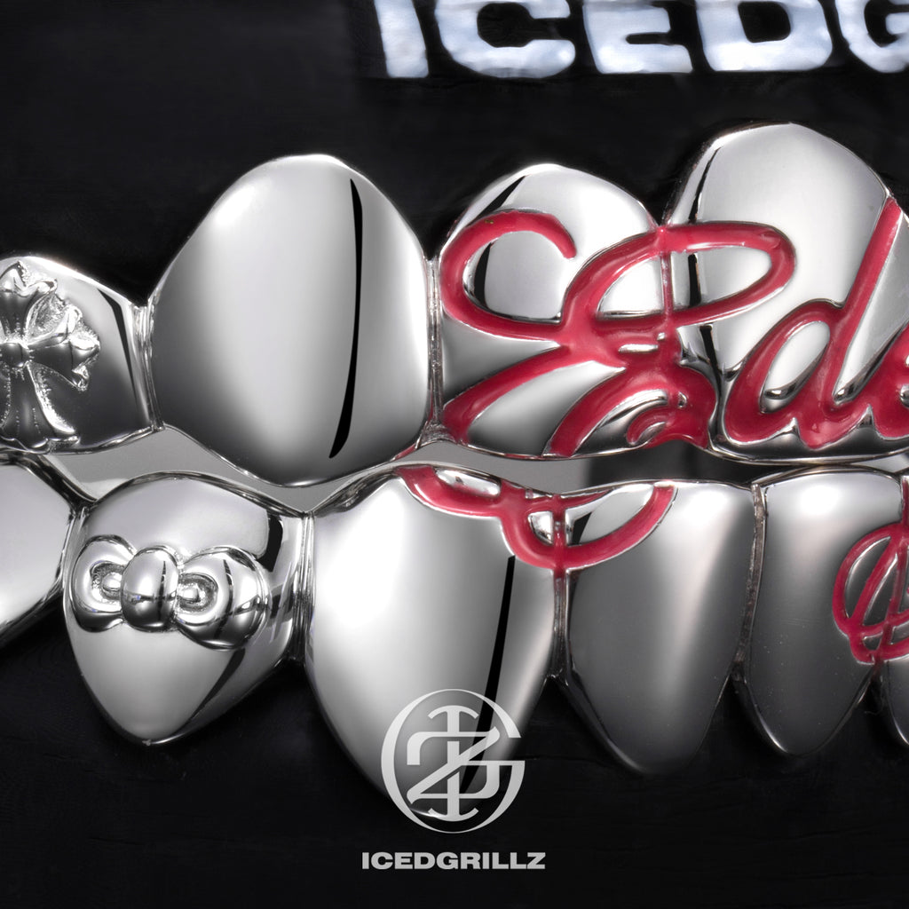 Custom Pink Script Cross Bow Polished Gold Grillz
