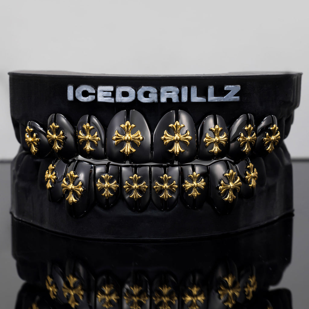 Polish Gothic Cross Black Gold Grillz
