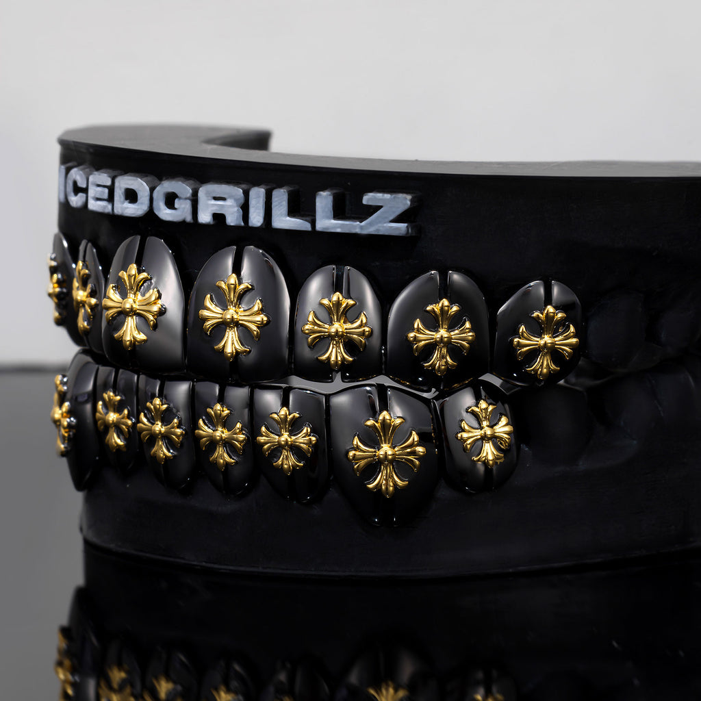Polish Gothic Cross Black Gold Grillz