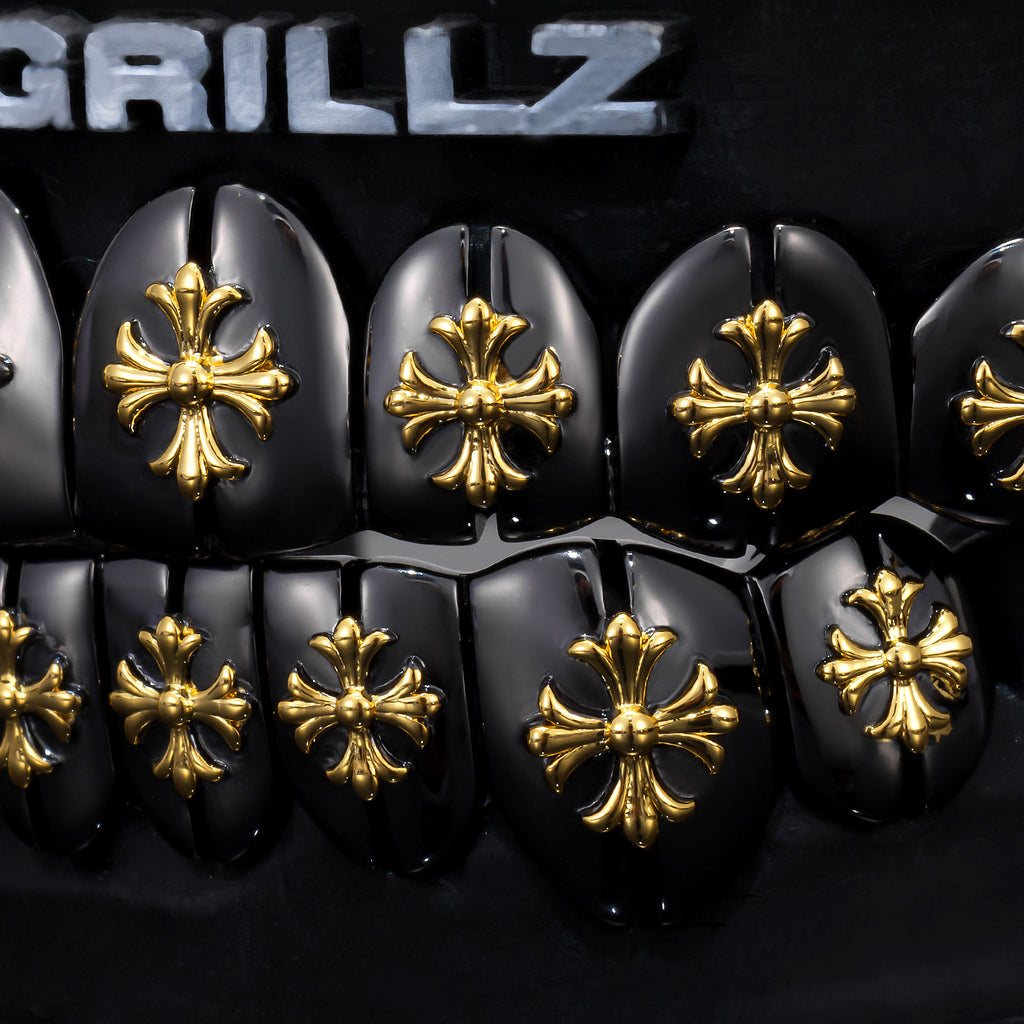Polish Gothic Cross Black Gold Grillz