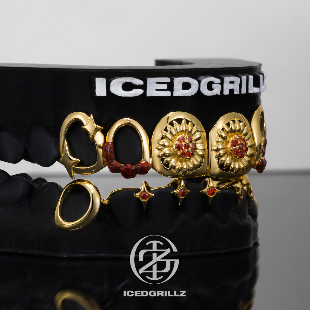 Ruby Flower Drip Star Open Face Grillz
