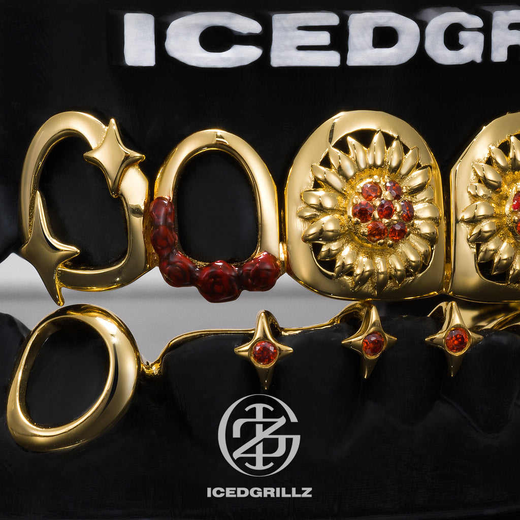 Ruby Flower Drip Star Open Face Grillz