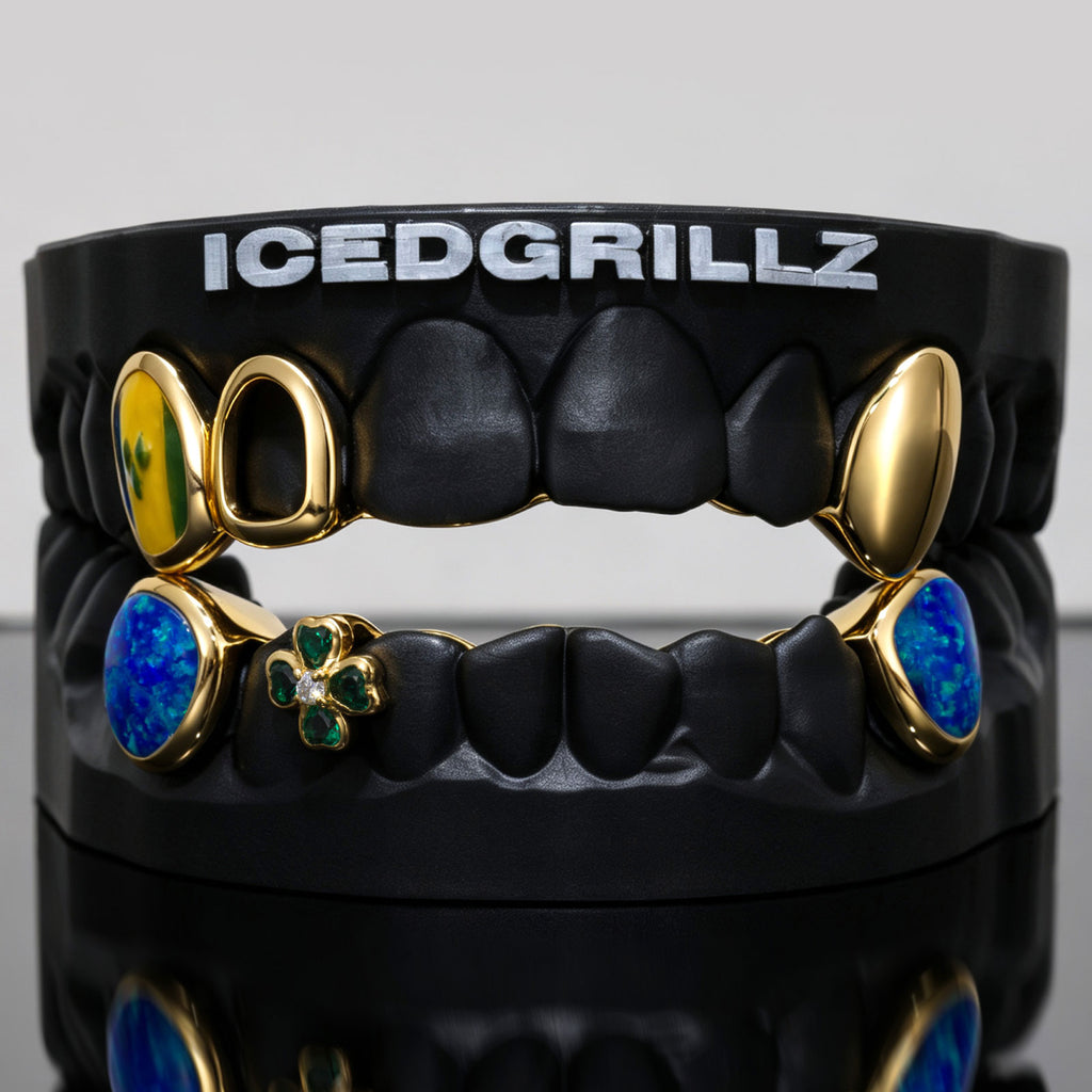 "St. Vincent Flag" Enamel & Emerald Clover Opal Grillz