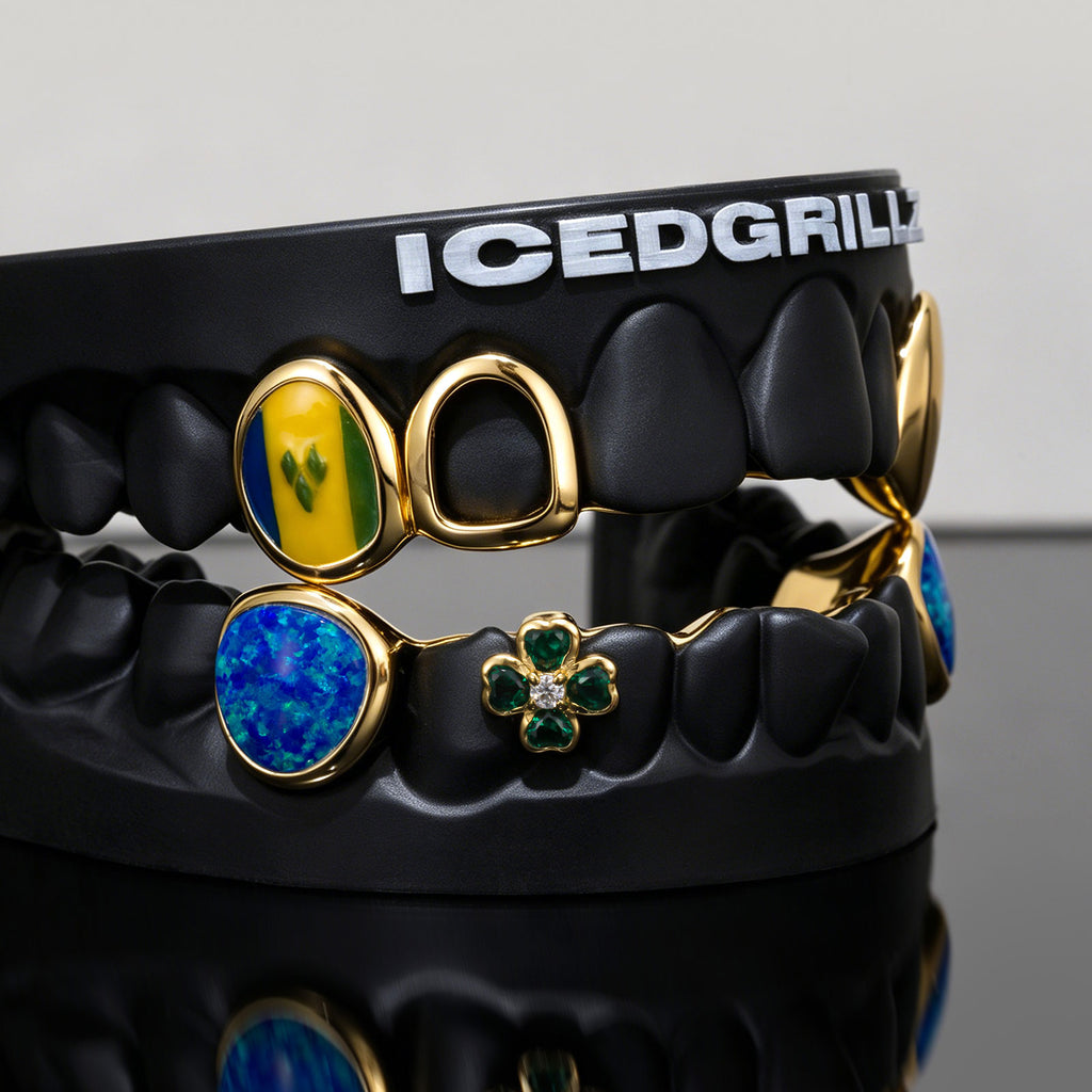 "St. Vincent Flag" Enamel & Emerald Clover Opal Grillz