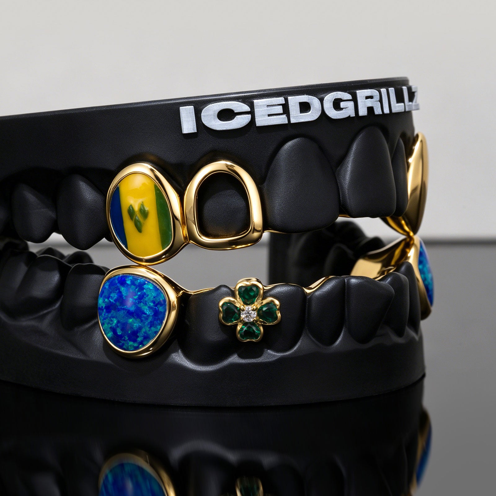 "St. Vincent Flag" Enamel & Emerald Clover Opal Grillz