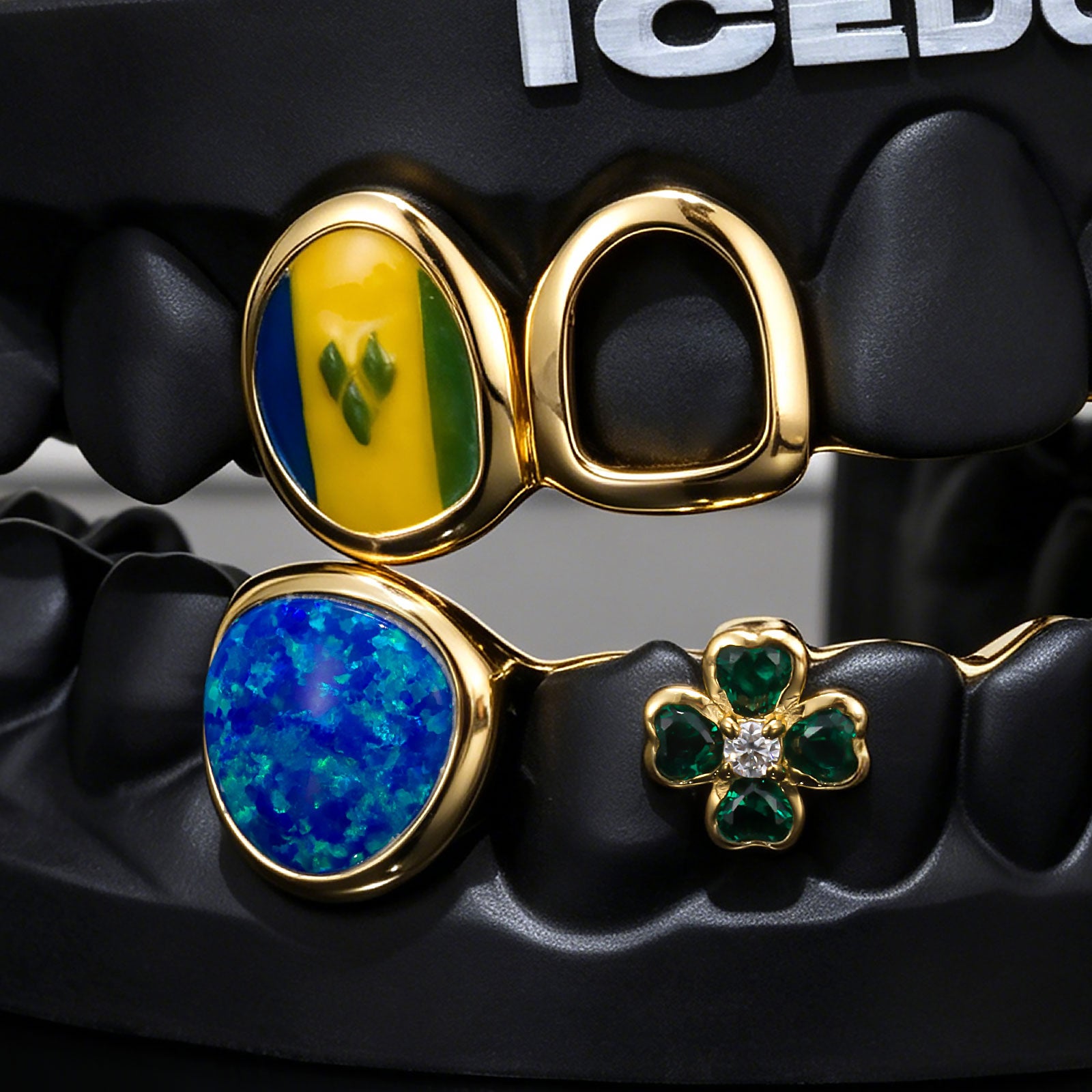 "St. Vincent Flag" Enamel & Emerald Clover Opal Grillz