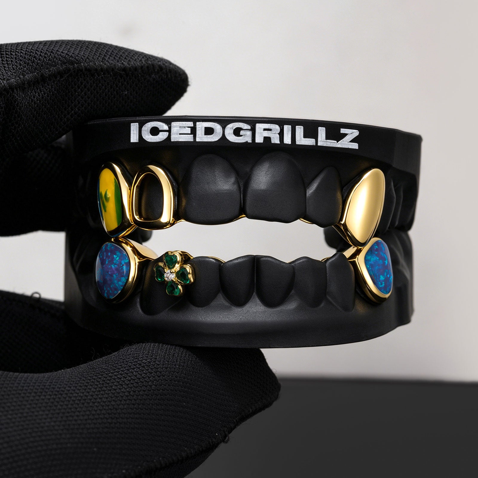 "St. Vincent Flag" Enamel & Emerald Clover Opal Grillz