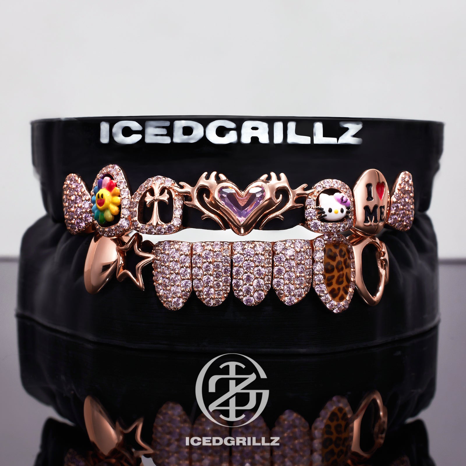 Thorn Pink Heart & Sunflower Kitty Enamel Moissanite Grillz