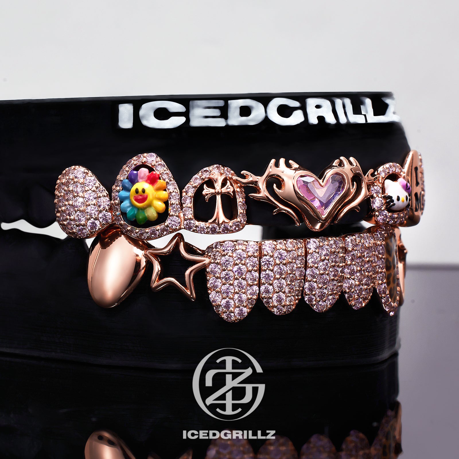 Thorn Pink Heart & Sunflower Kitty Enamel Moissanite Grillz