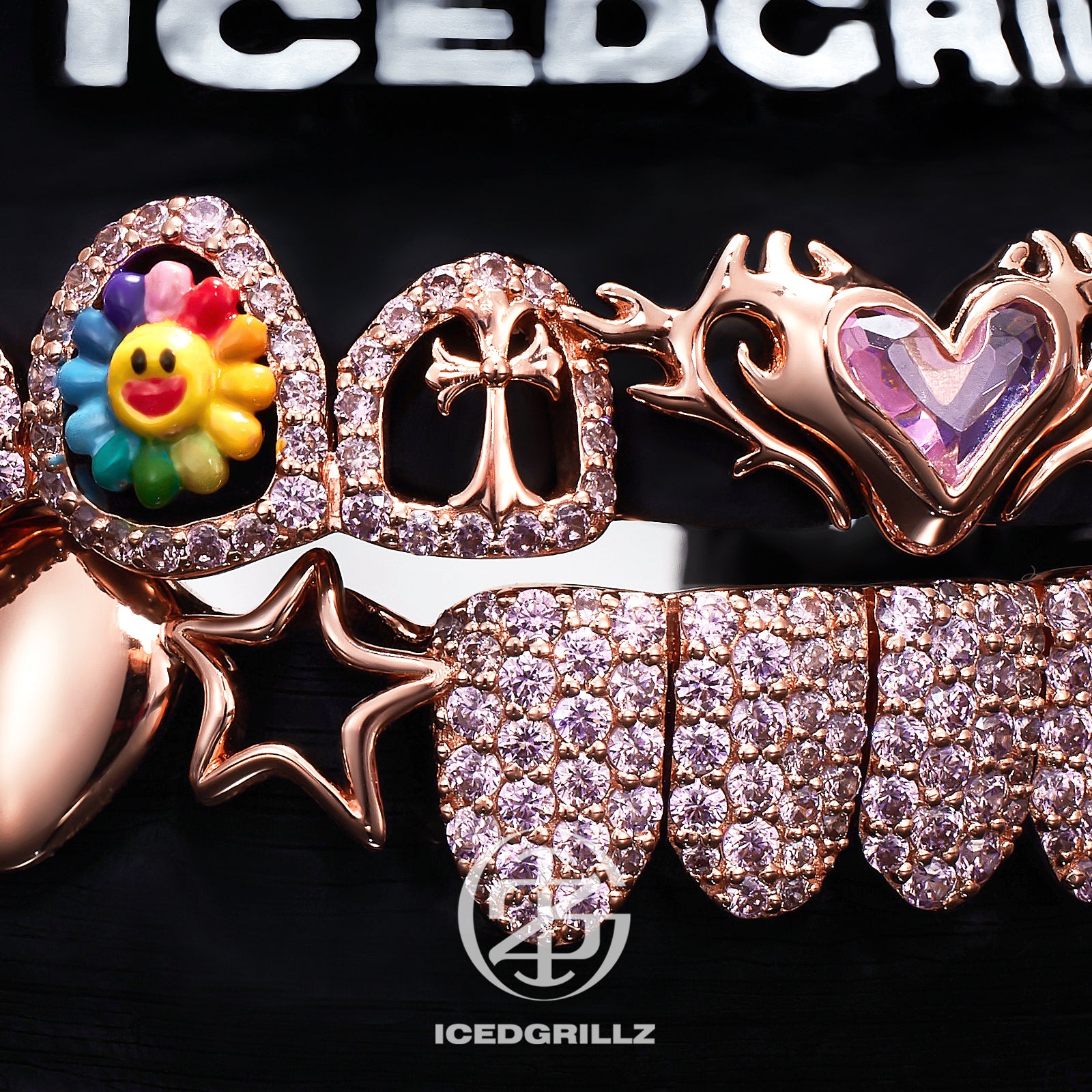 Thorn Pink Heart & Sunflower Kitty Enamel Moissanite Grillz
