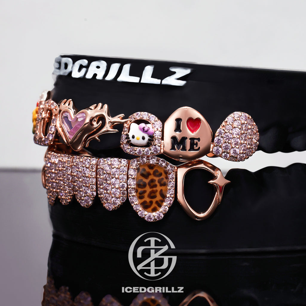 Thorn Pink Heart & Sunflower Kitty Enamel Moissanite Grillz
