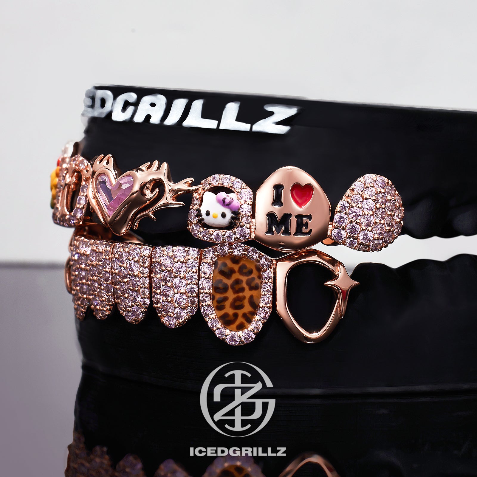 Thorn Pink Heart & Sunflower Kitty Enamel Moissanite Grillz