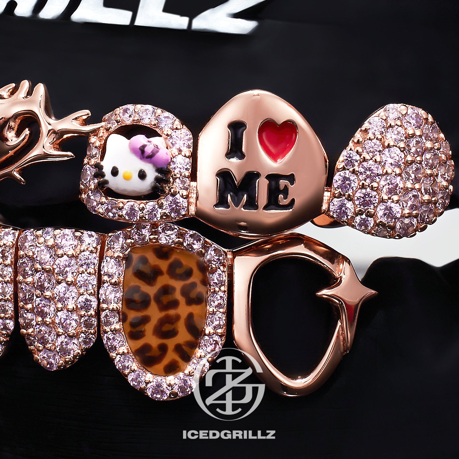 Thorn Pink Heart & Sunflower Kitty Enamel Moissanite Grillz