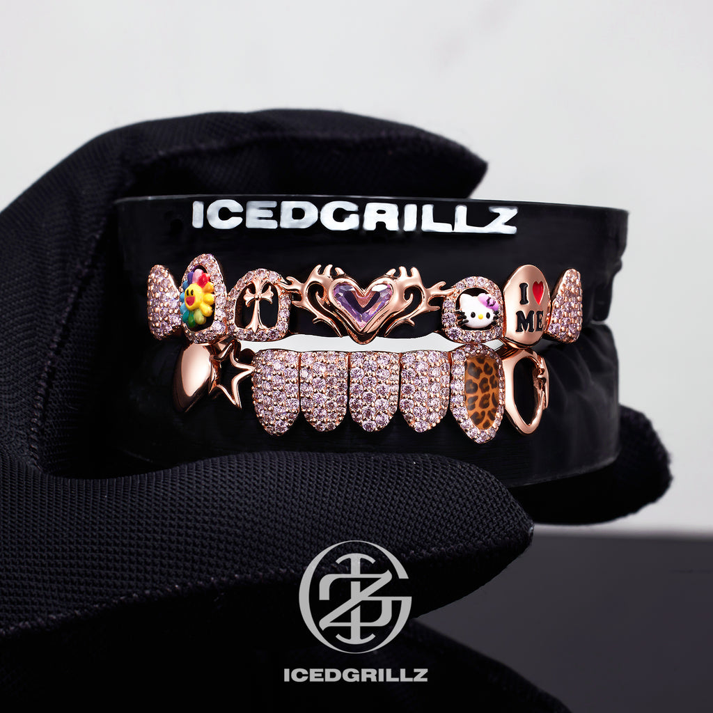 Thorn Pink Heart & Sunflower Kitty Enamel Moissanite Grillz