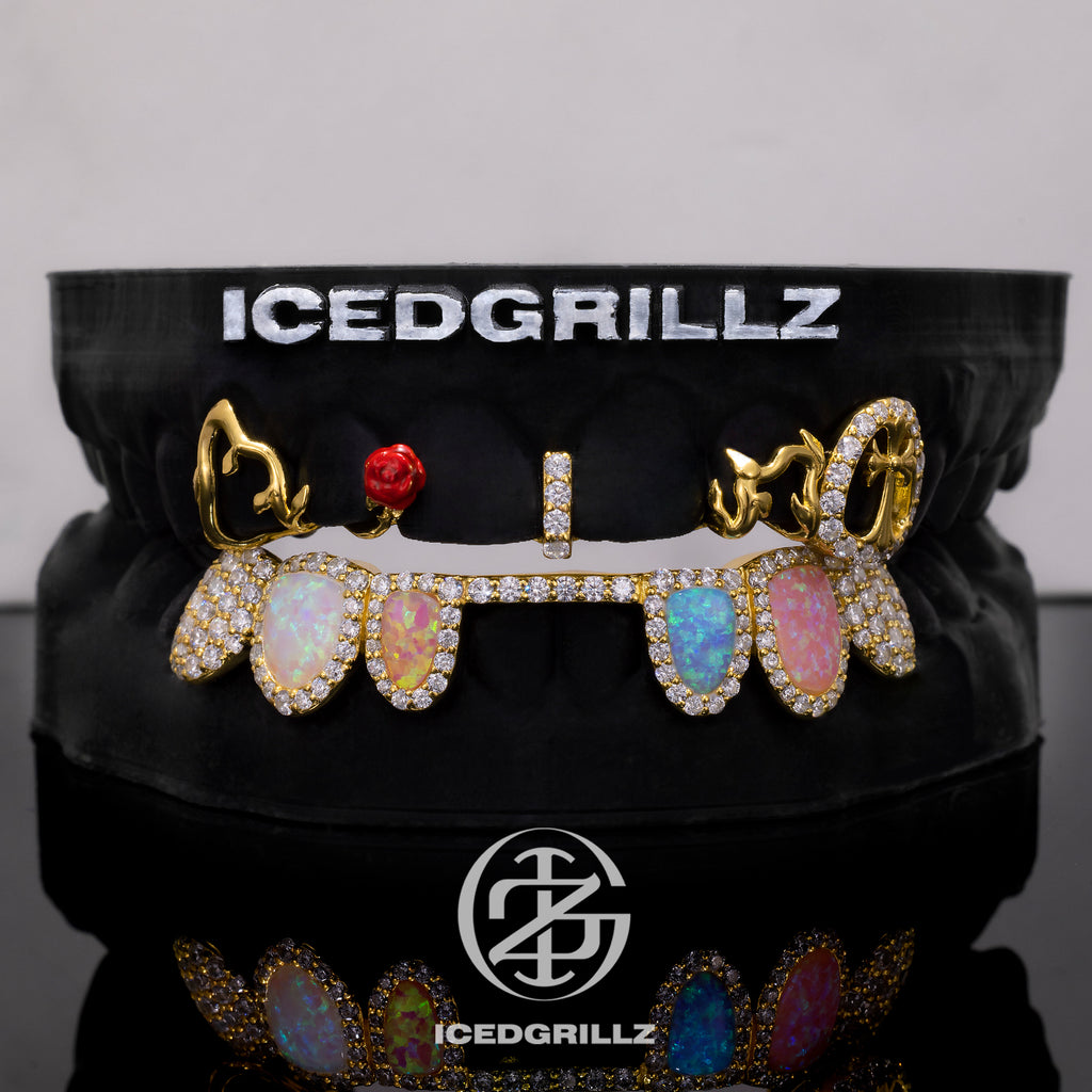Top Rose & Cross Bar With Opal Diamond Grillz