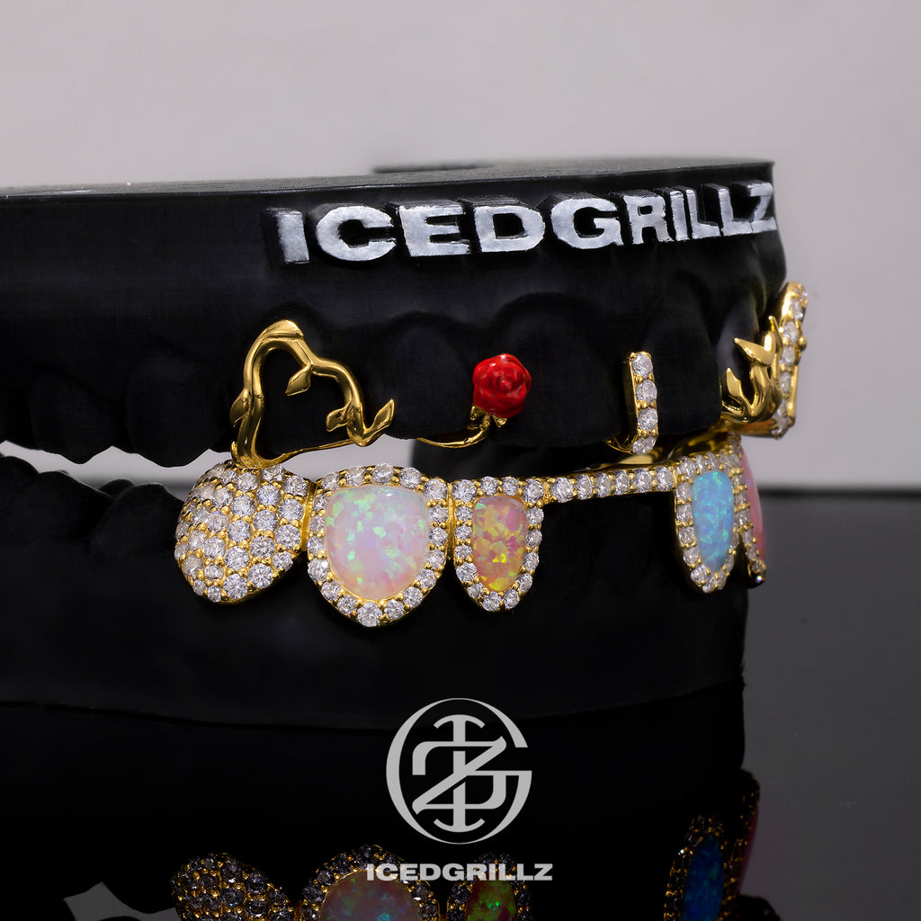 Top Rose & Cross Bar With Opal Diamond Grillz