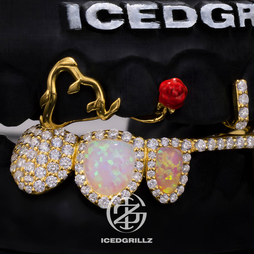 Top Rose & Cross Bar With Opal Diamond Grillz