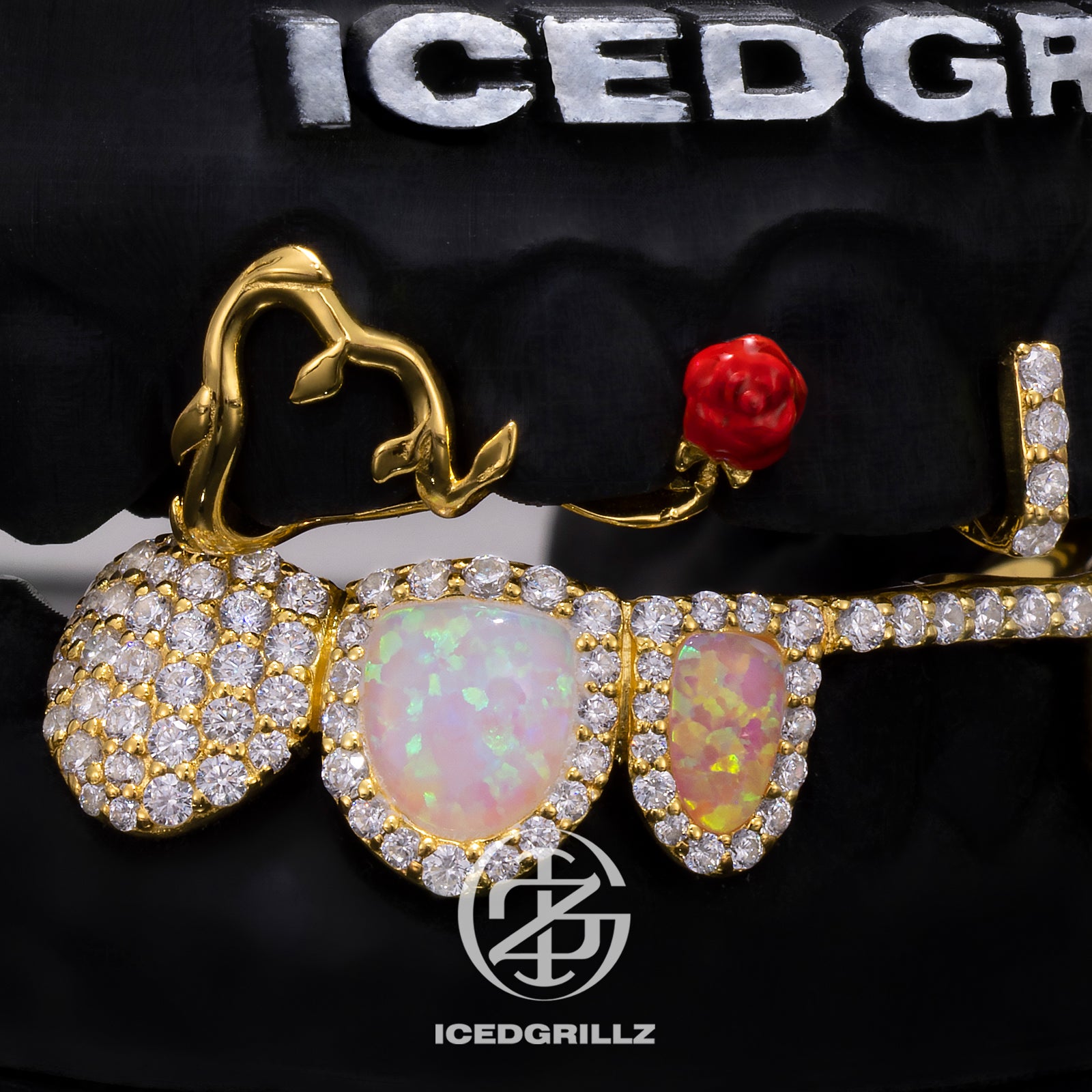 Top Rose & Cross Bar With Opal Diamond Grillz