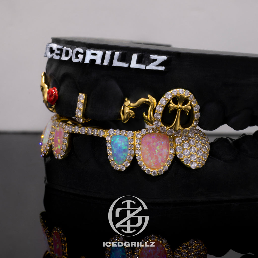 Top Rose & Cross Bar With Opal Diamond Grillz