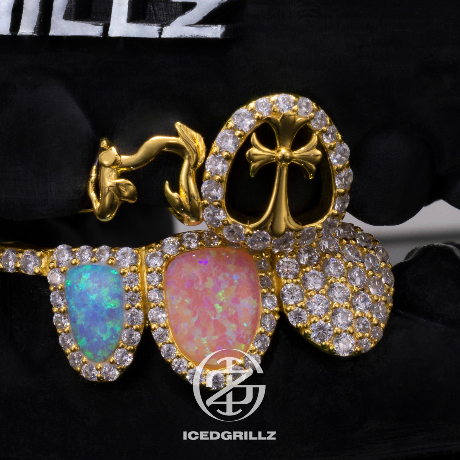 Top Rose & Cross Bar With Opal Diamond Grillz