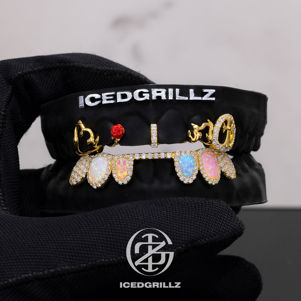 Top Rose & Cross Bar With Opal Diamond Grillz