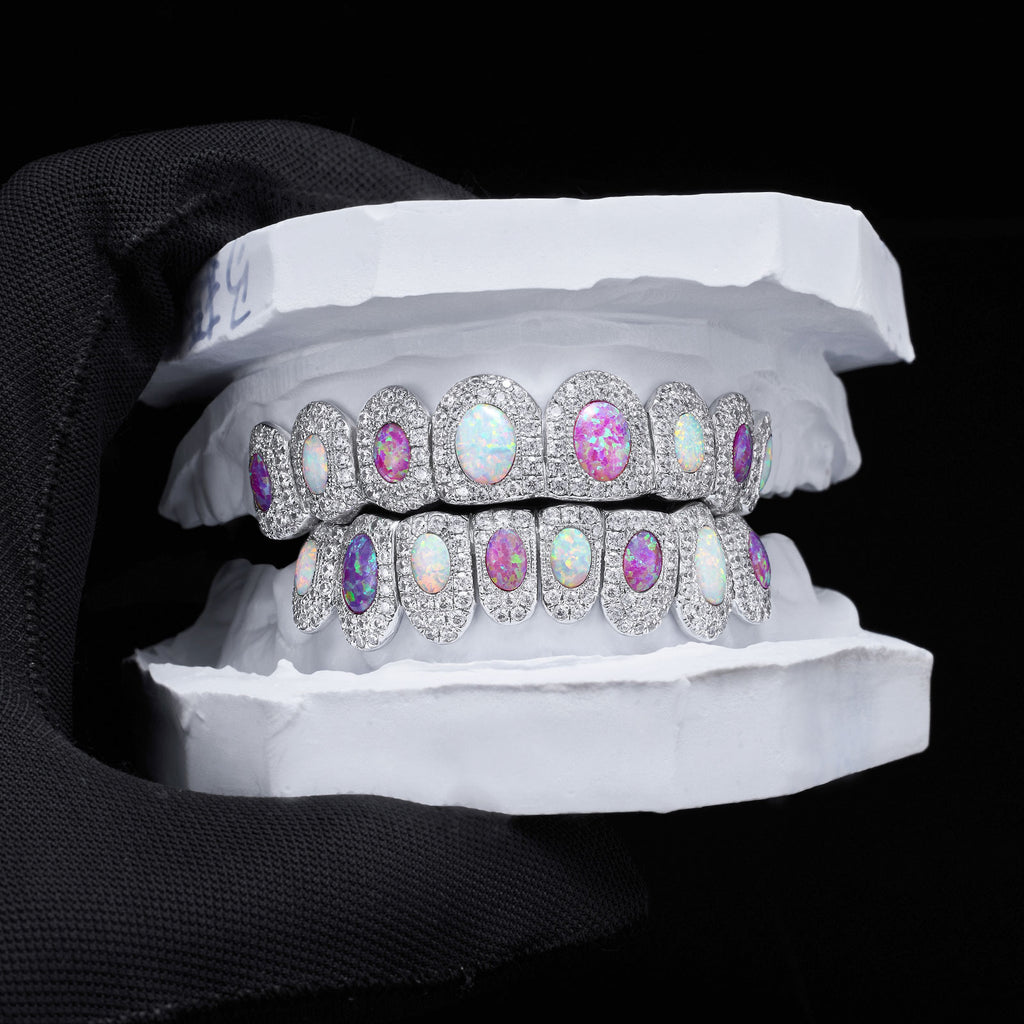 Two-Tone Opal Moissanite Halo Grillz