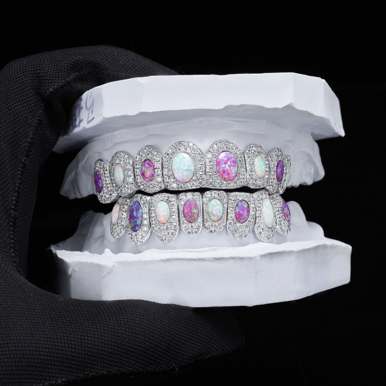 Two-Tone Opal Moissanite Halo Grillz