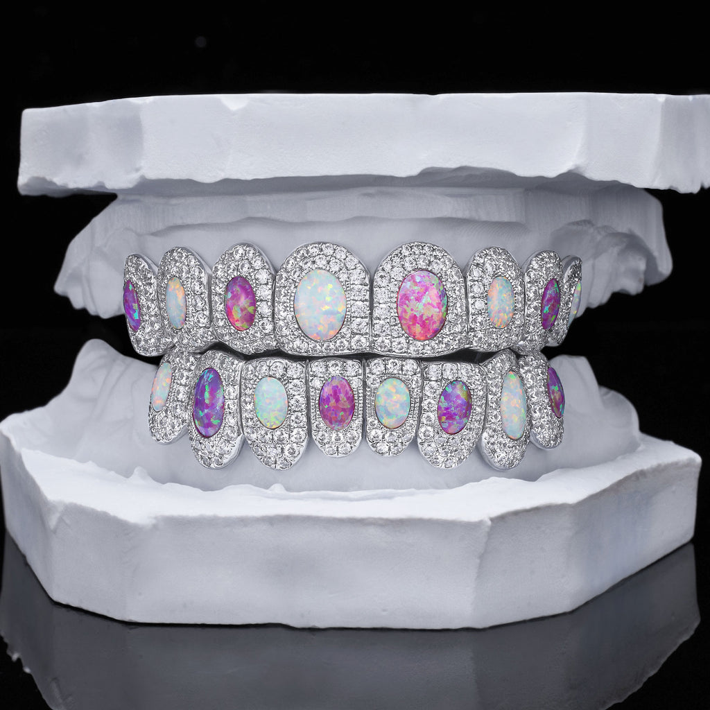 Two-Tone Opal Moissanite Halo Grillz
