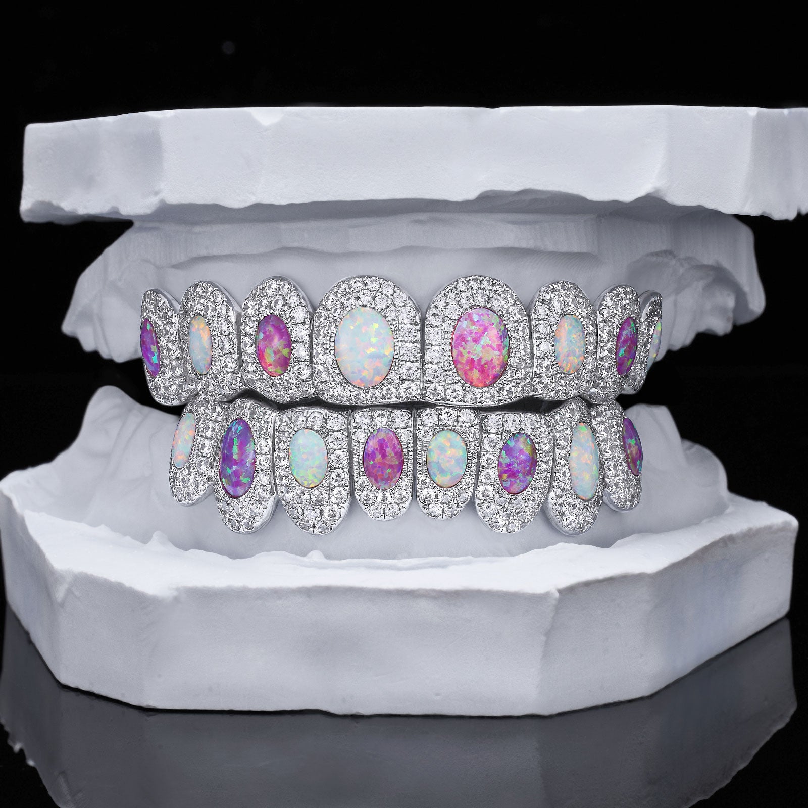 Two-Tone Opal Moissanite Halo Grillz