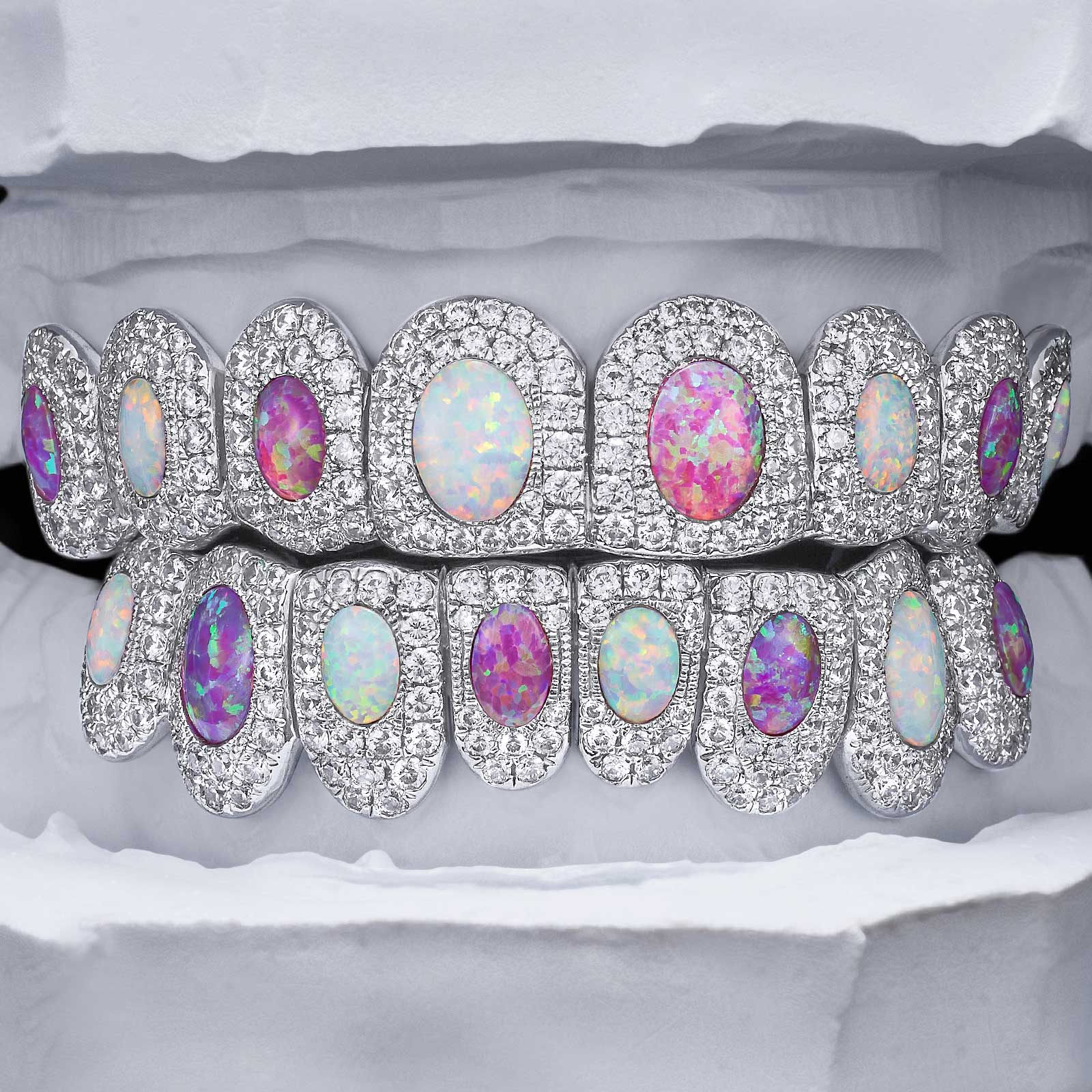 Two-Tone Opal Moissanite Halo Grillz