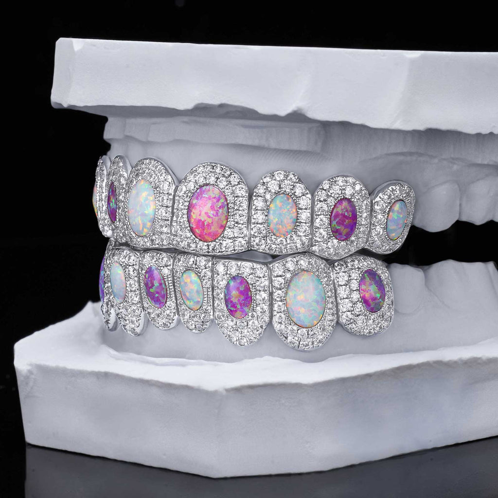 Two-Tone Opal Moissanite Halo Grillz