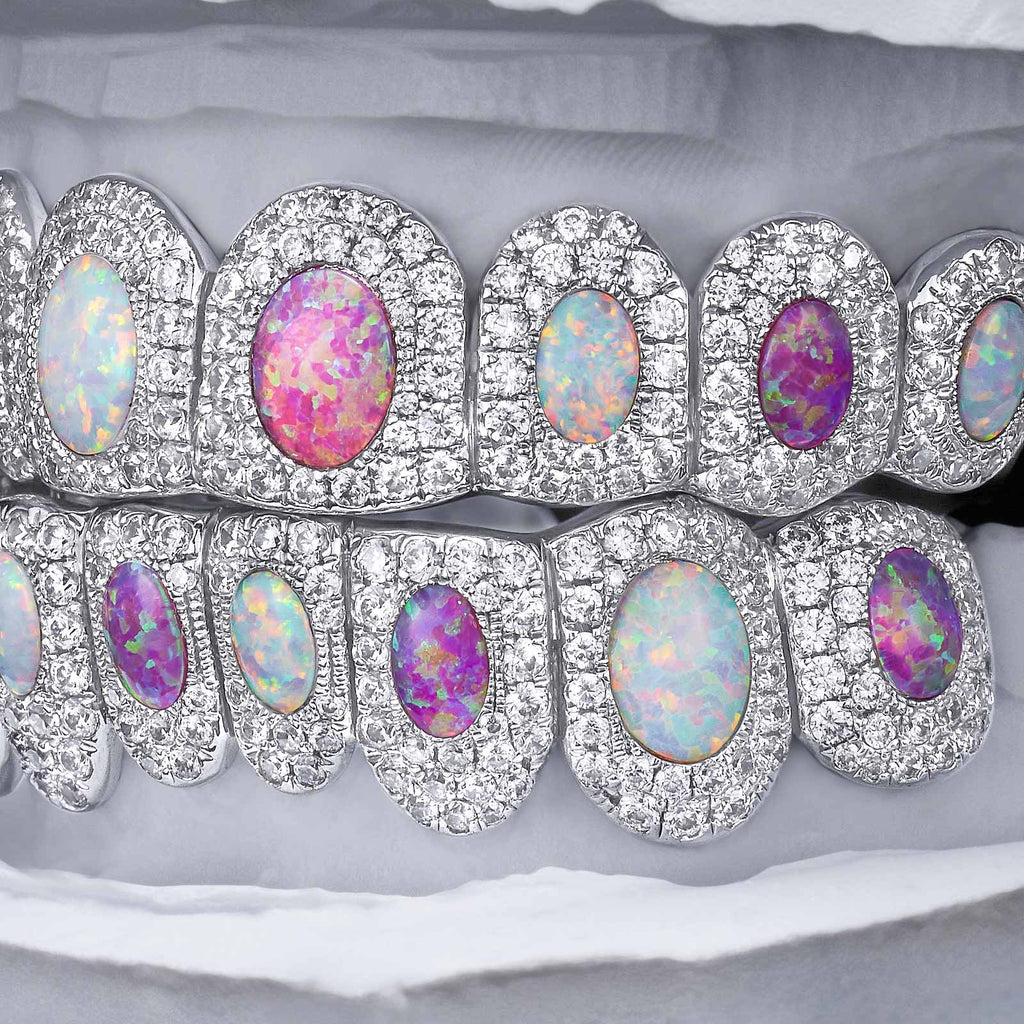 Two-Tone Opal Moissanite Halo Grillz