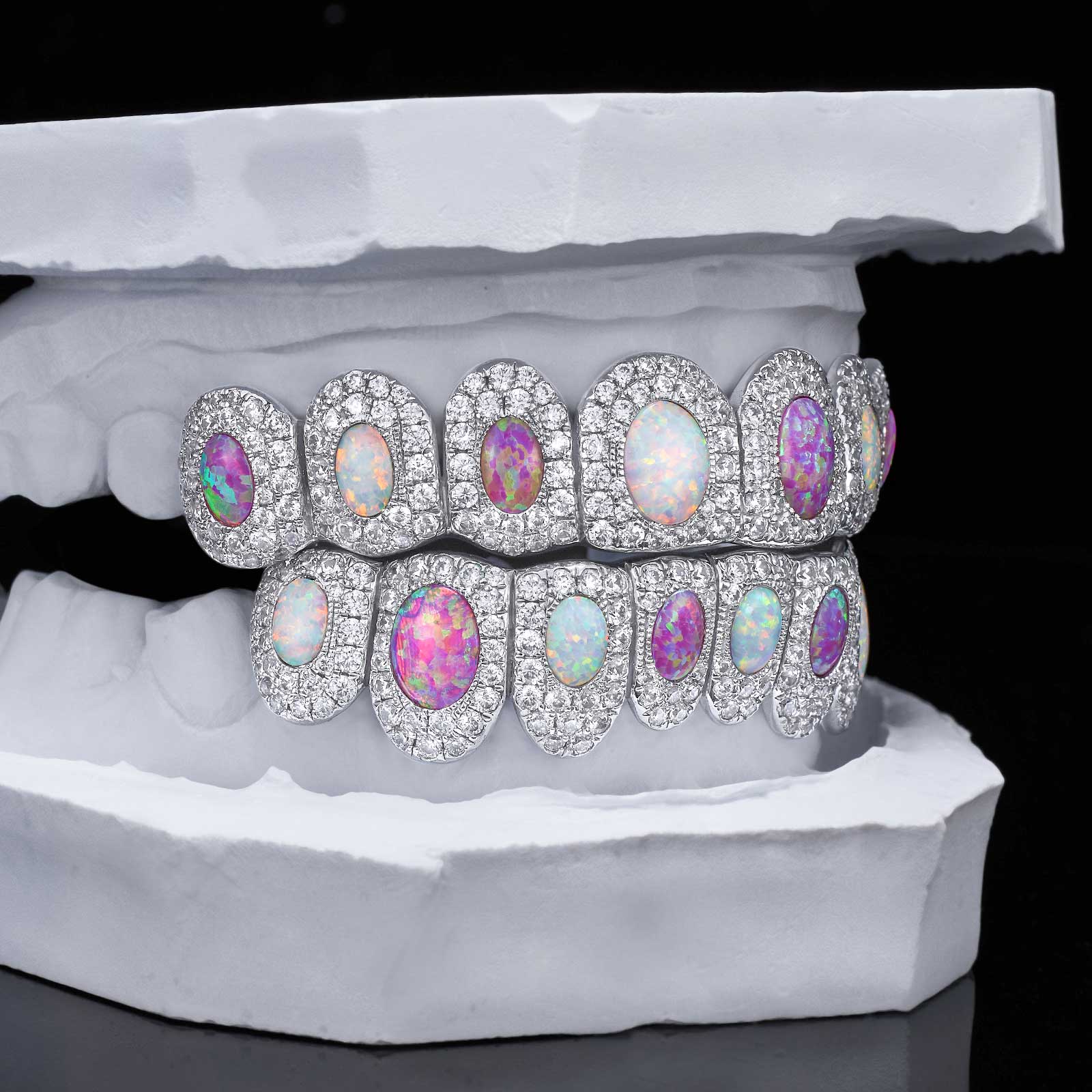 Two-Tone Opal Moissanite Halo Grillz