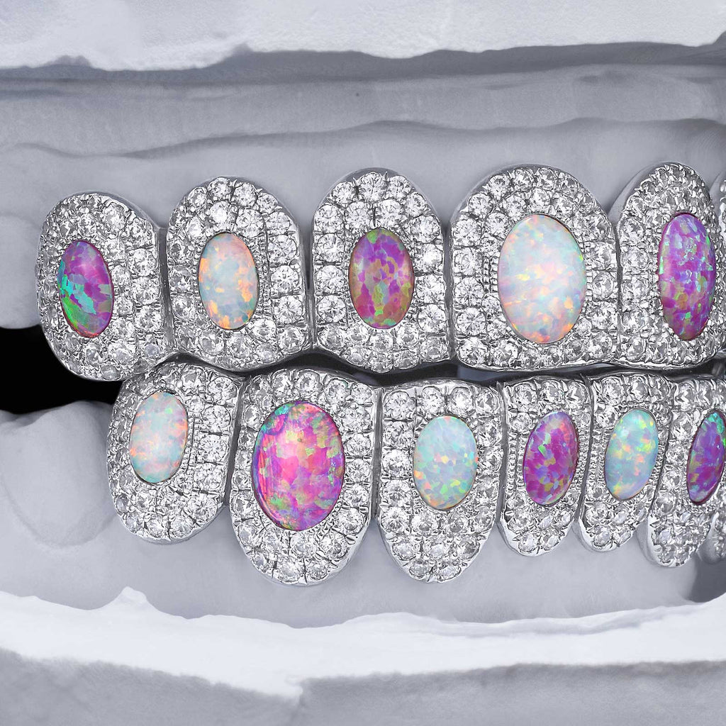 Two-Tone Opal Moissanite Halo Grillz