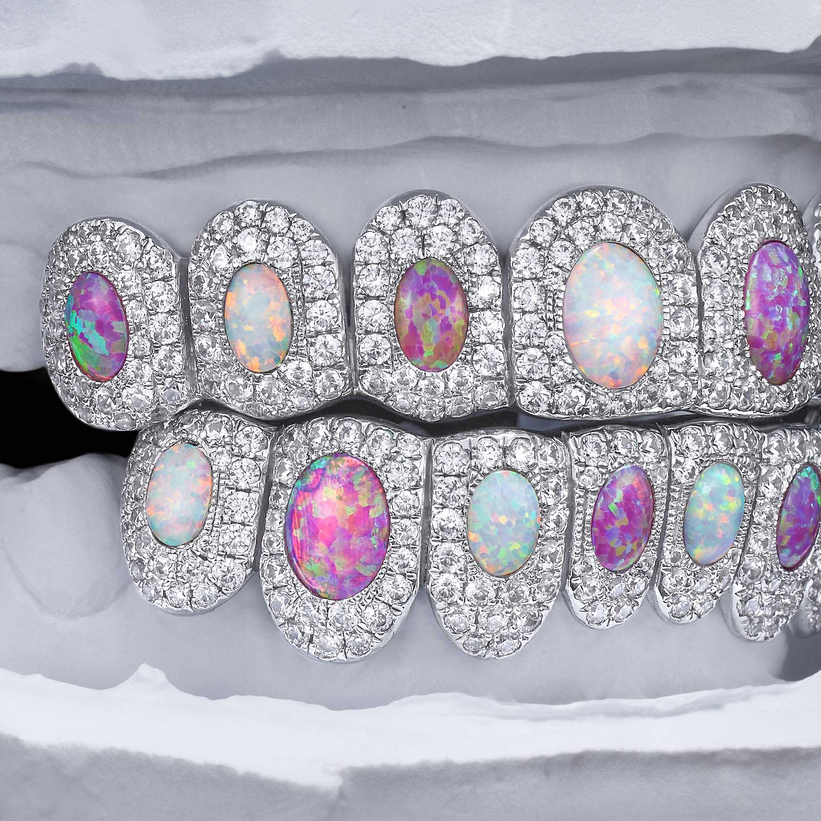 Two-Tone Opal Moissanite Halo Grillz