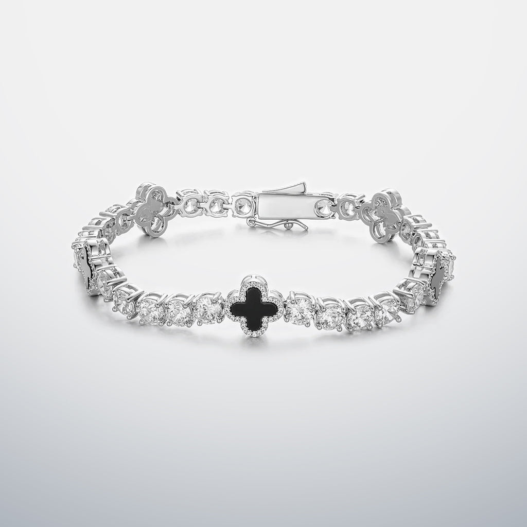 White Moissanite & Black Agate Clover Tennis Bracelet