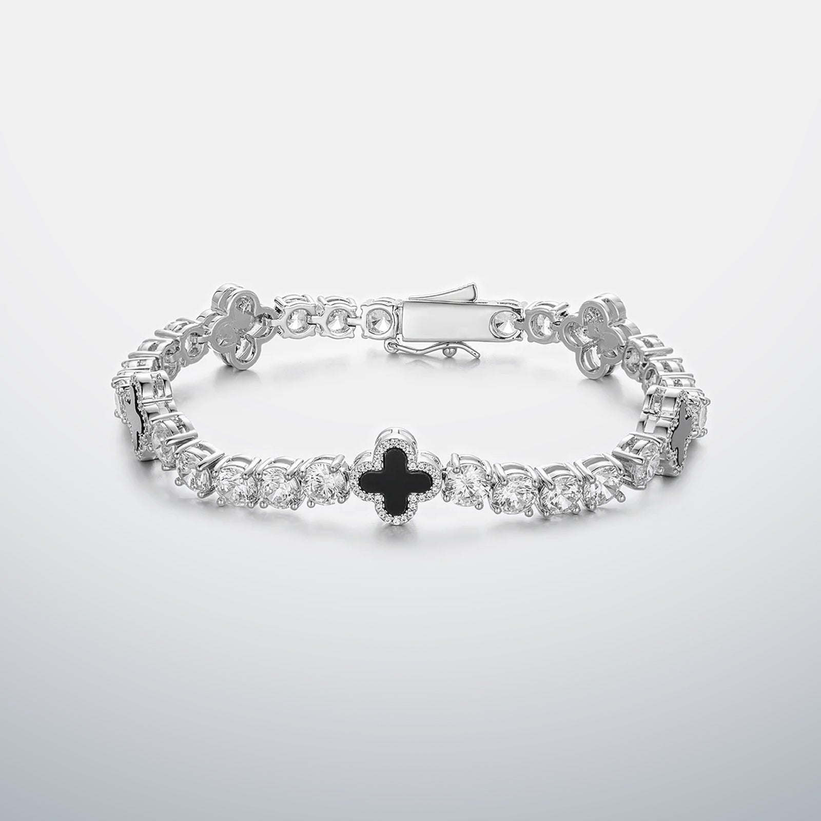 White Moissanite & Black Agate Clover Tennis Bracelet