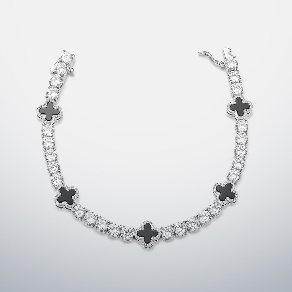 White Moissanite & Black Agate Clover Tennis Bracelet