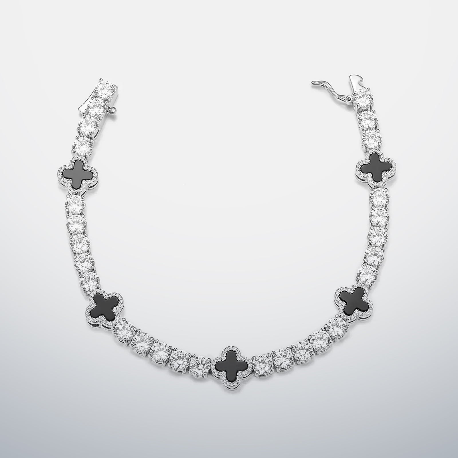 White Moissanite & Black Agate Clover Tennis Bracelet
