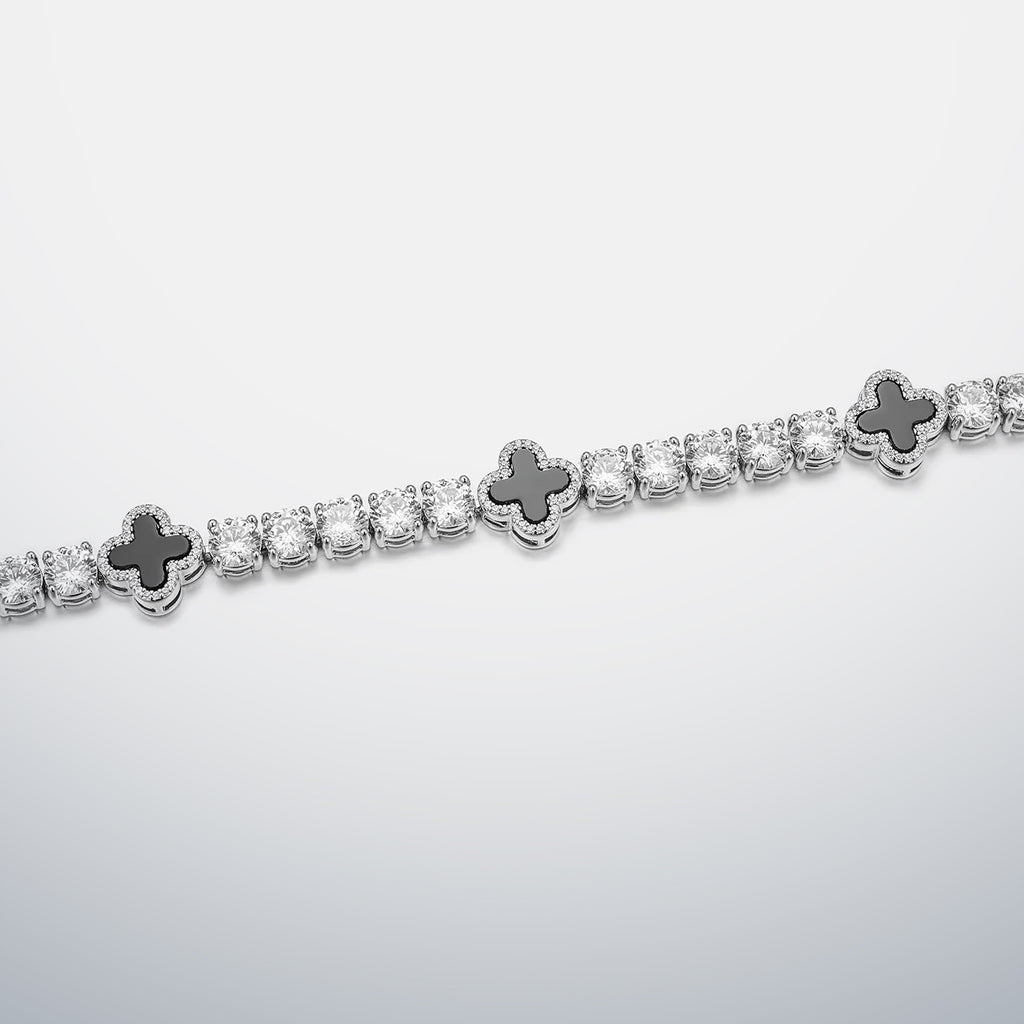 White Moissanite & Black Agate Clover Tennis Bracelet