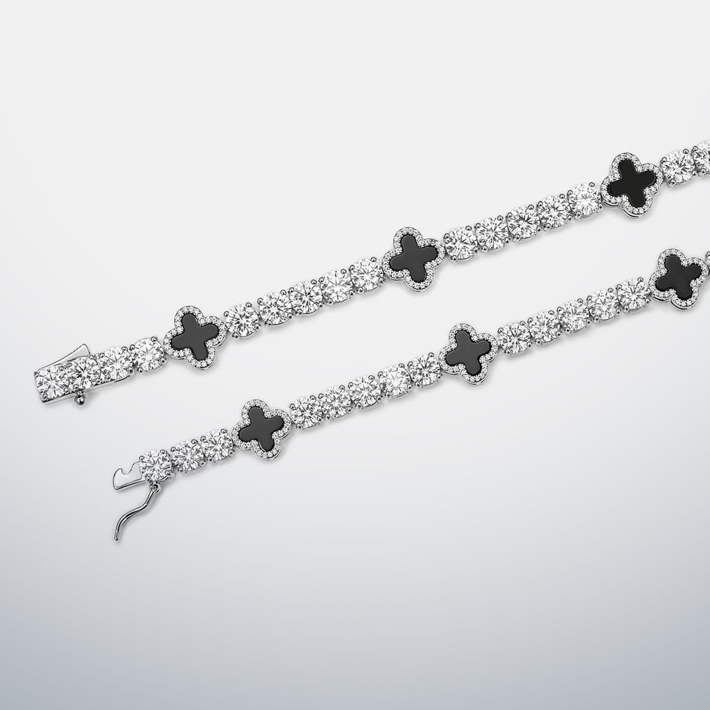 White Moissanite & Black Agate Clover Tennis Bracelet