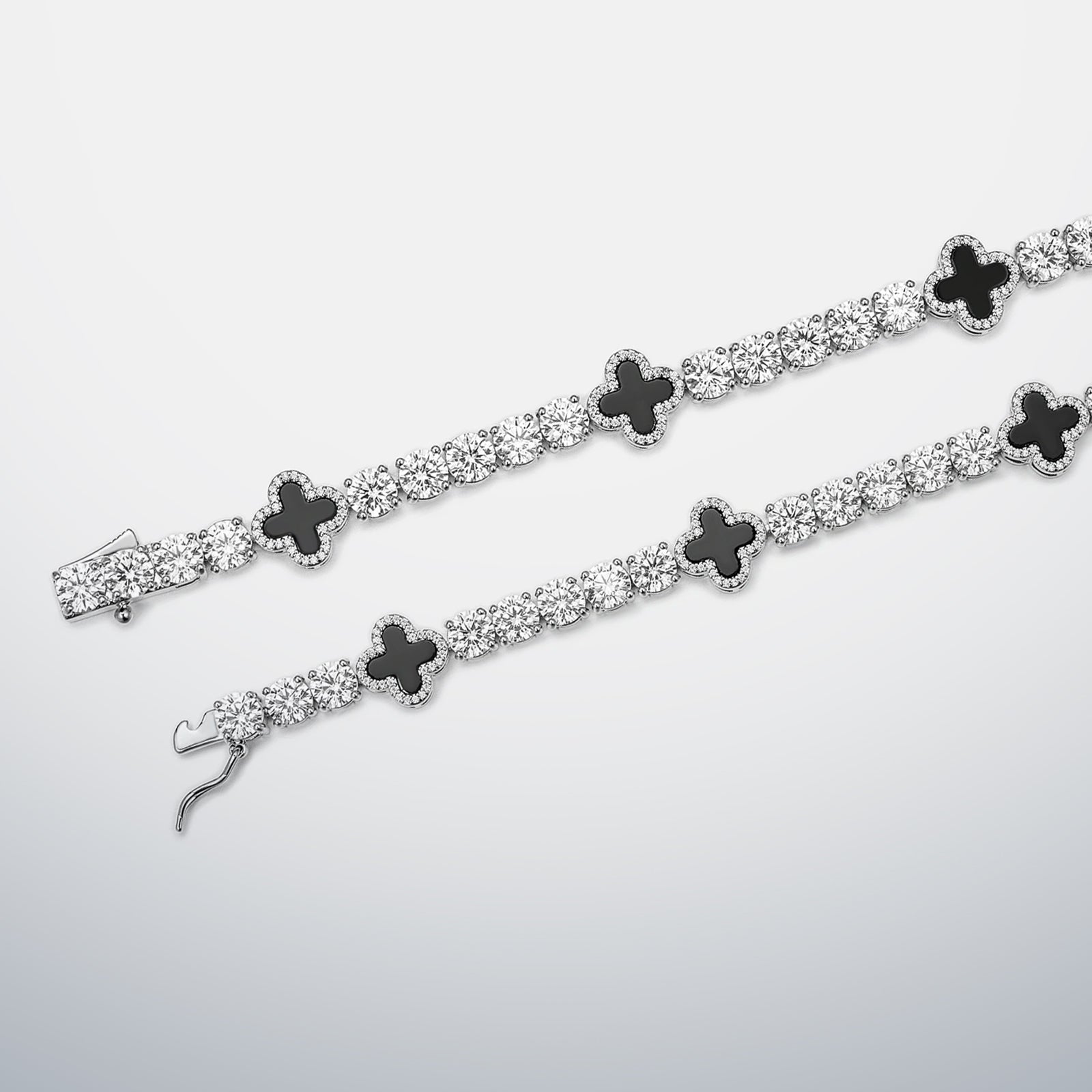 White Moissanite & Black Agate Clover Tennis Bracelet