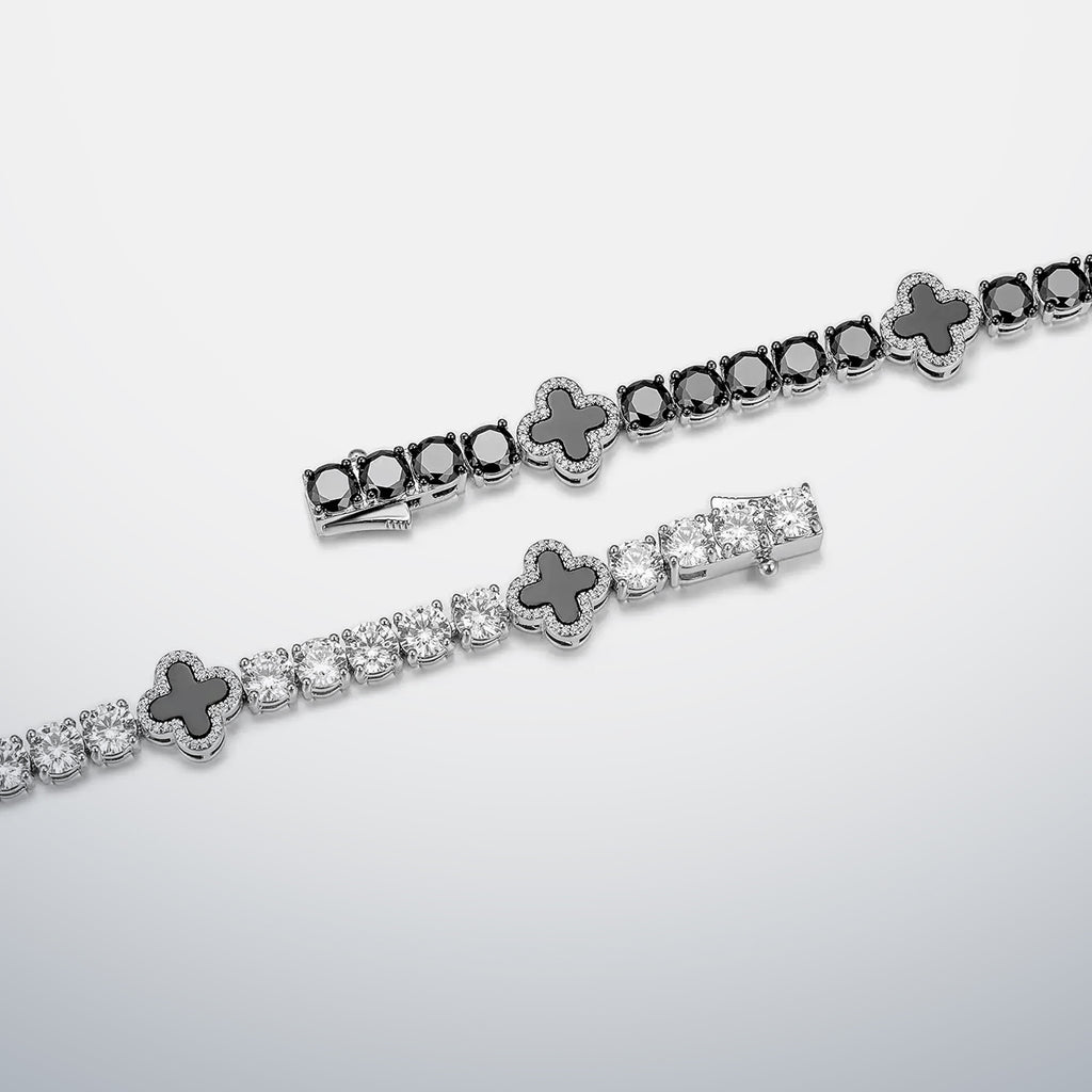 White Moissanite & Black Agate Clover Tennis Bracelet
