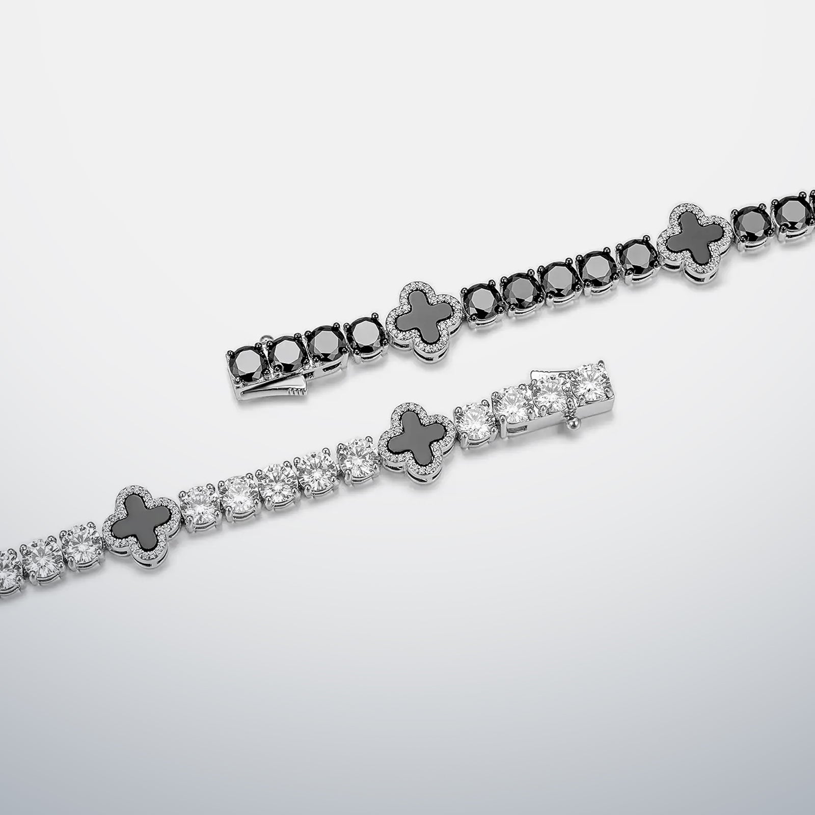White Moissanite & Black Agate Clover Tennis Bracelet